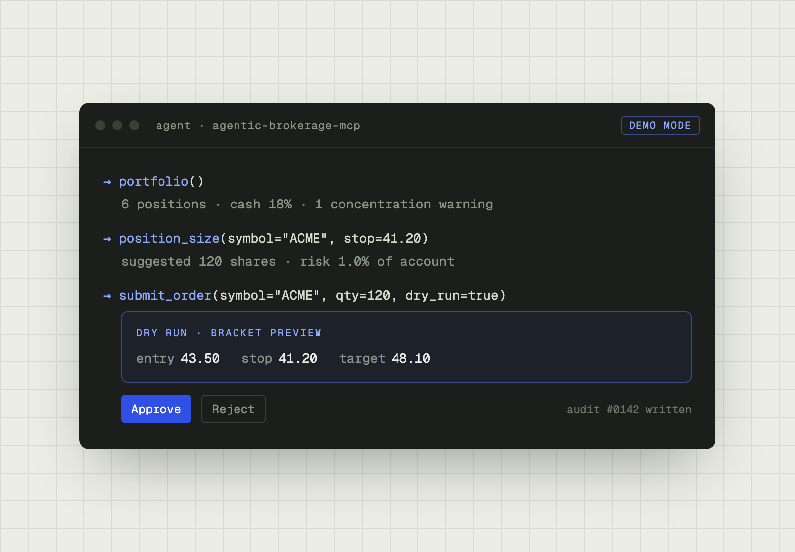 An agent session in demo mode: a portfolio check, position sizing, and a dry-run bracket order waiting for approval