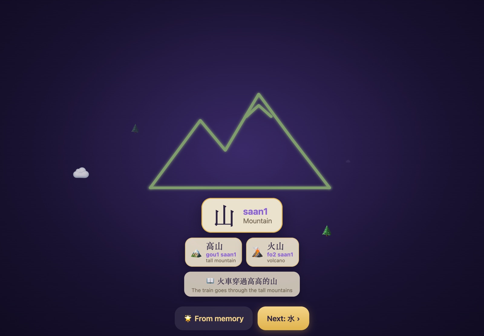The finished reveal for 山: a mountain drawing, the words 高山 and 火山, and an example sentence