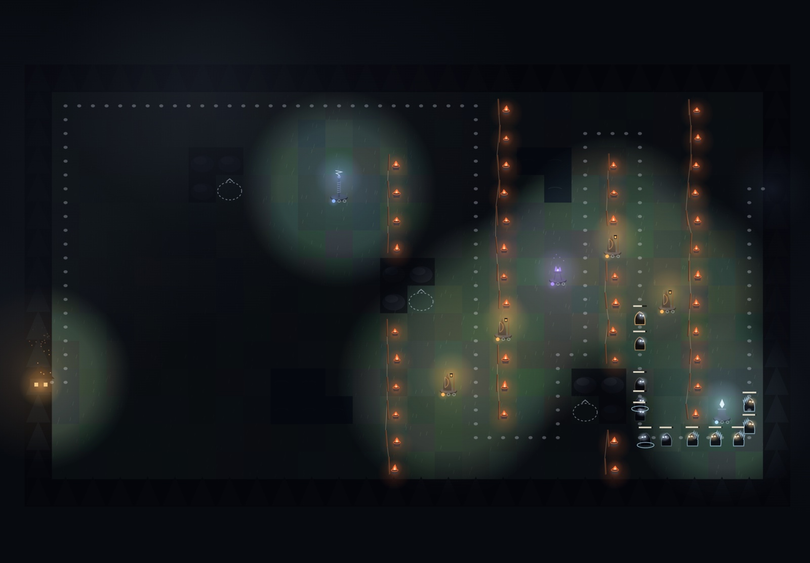 A wave of dark foes with pale eyes entering a winding maze of firepot walls, with tower lights along the lanes